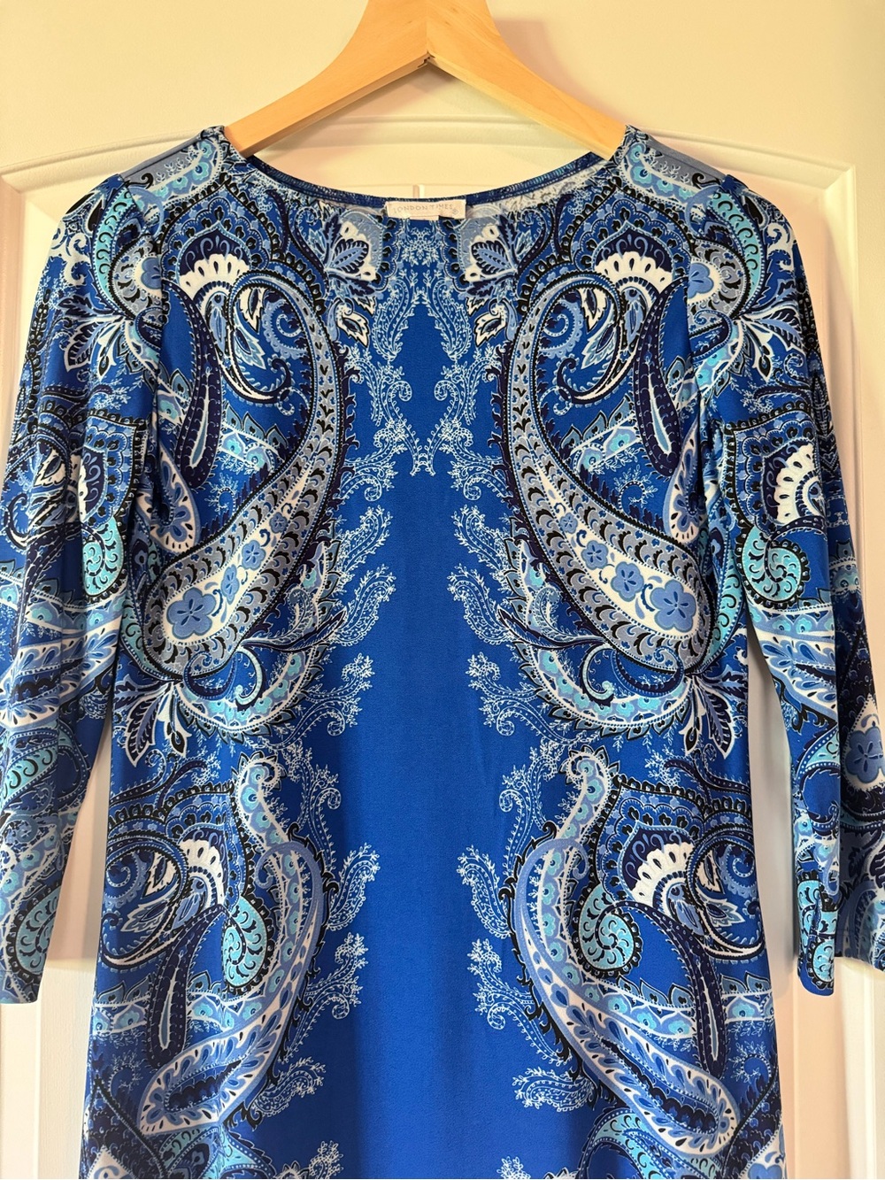 London Times Blue Paisley Sheath Dress Size 4 | 3/4 Sleeve Career Office - Picture 3 of 6